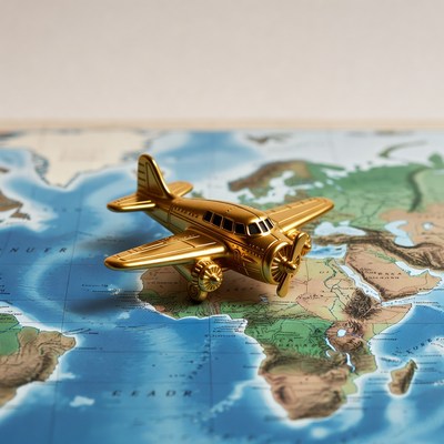 Golden Toy Airplane on World Map
