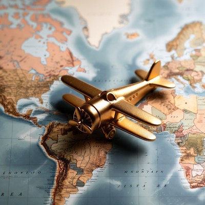 Golden toy airplane on world map