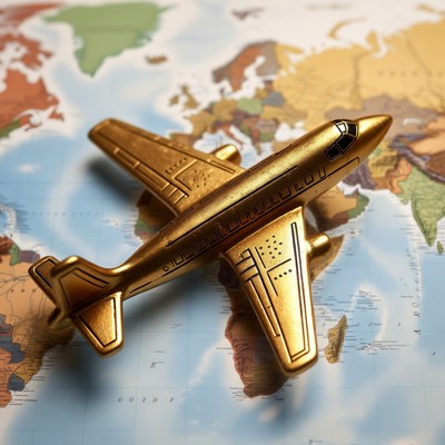 Golden toy airplane on world map