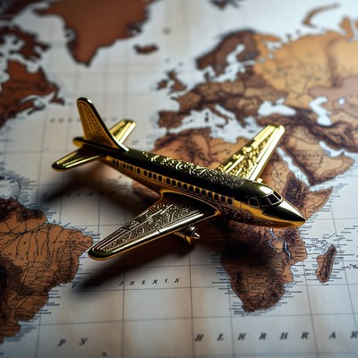 Golden Toy Airplane on World Map