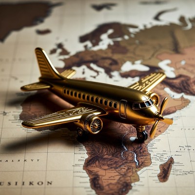 Golden Toy Airplane on World Map