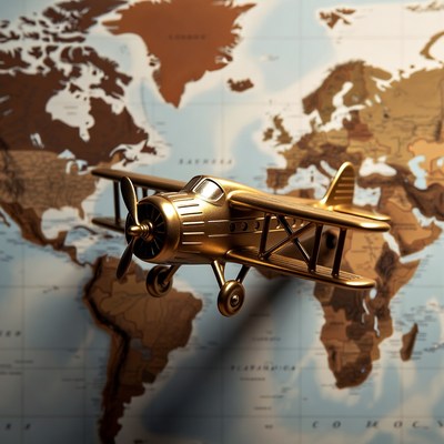 Golden Airplane Model over World Map