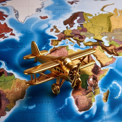 Golden airplane on world map