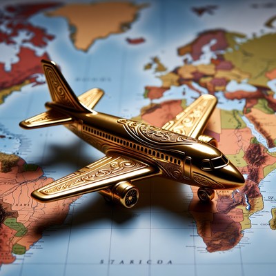 Golden toy airplane on world map