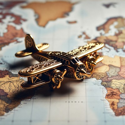 Golden Airplane Model on World Map