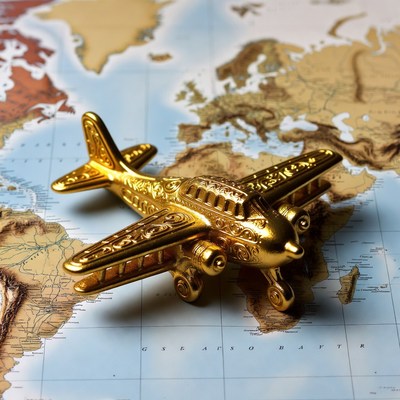 Golden Toy Airplane on World Map