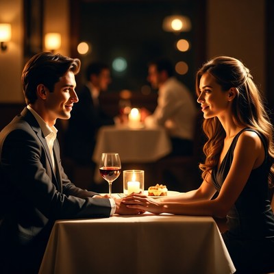 Couple holding hands at candlelit dinner