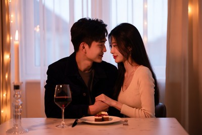 Asian couple sharing dessert romantically