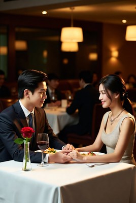 Asian couple holding hands at romantic dinner