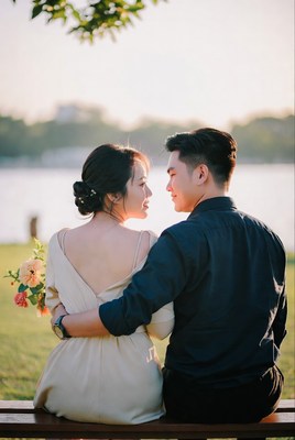 Asian couple embracing on bench by lake