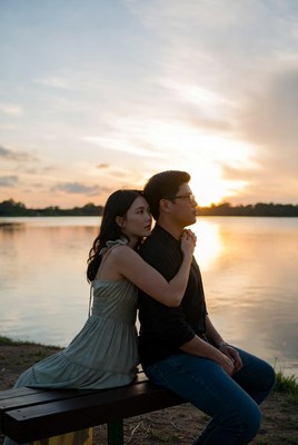 Asian couple embracing at sunset lake