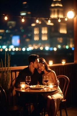 Asian couple romantic dinner balcony night city