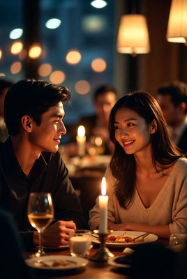 Asian couple on romantic candlelit dinner
