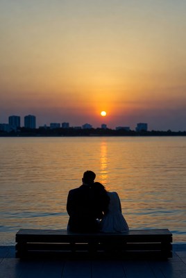 Silhouette couple watching sunset over lake