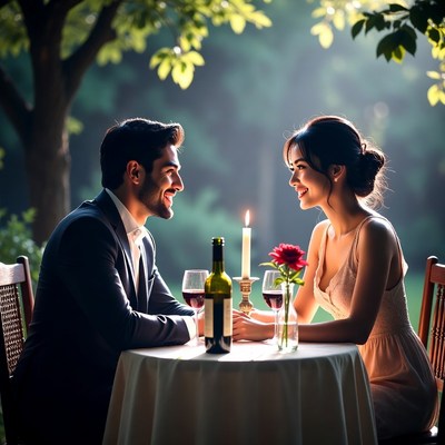 Romantic couple dining outdoors with wine