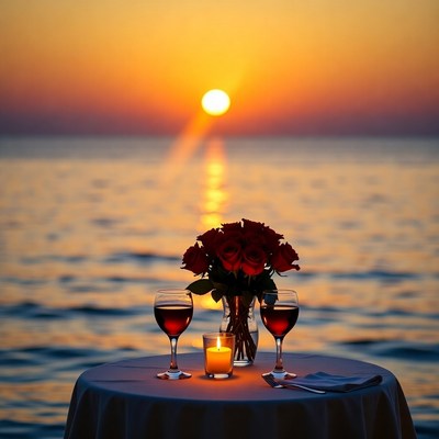Romantic Sunset Table with Wine and Roses