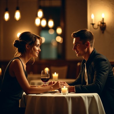 Couple holding hands at candlelit dinner