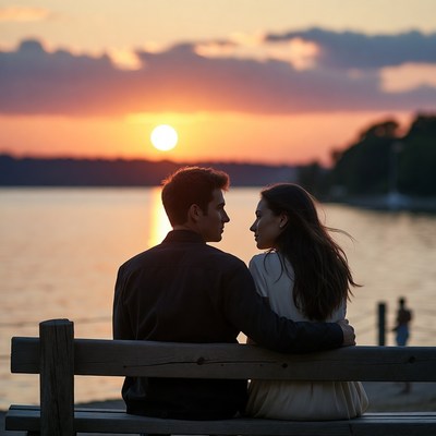 Couple embracing on bench at sunset lake