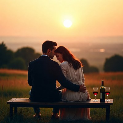 Couple embracing on bench at sunset