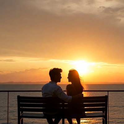 Silhouette couple embracing on seaside bench at sunset