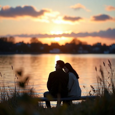 Asian couple embracing on bench at sunset