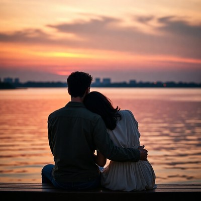 Couple embracing at sunset lakeside