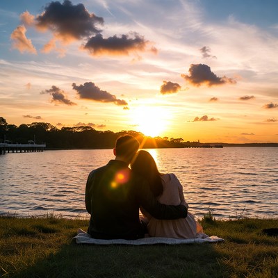 Couple embracing at sunset by lake