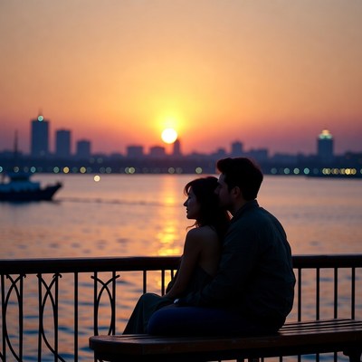 Couple watching sunset over city river