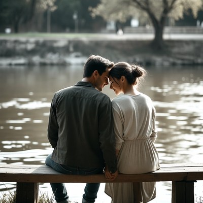 Couple sitting on bench by river