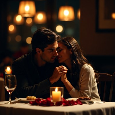 Romantic couple holding hands at candlelit dinner