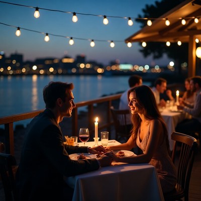 Romantic couple dining on riverside patio
