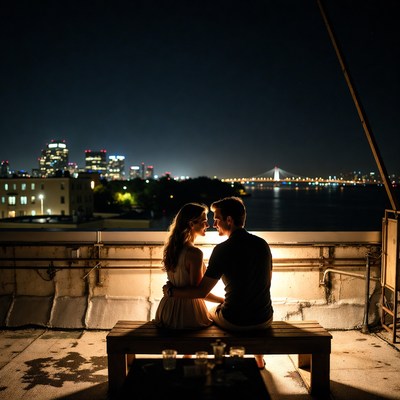 Couple embracing on rooftop overlooking city skyline