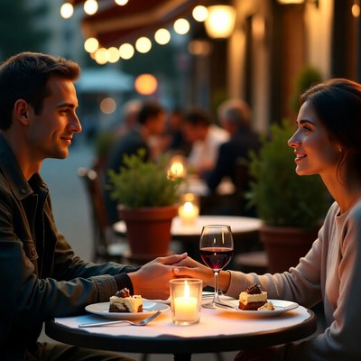 Couple holding hands at outdoor cafe