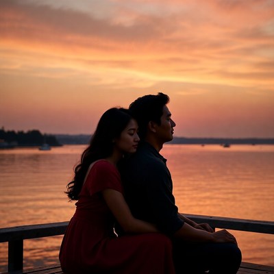 Asian couple embracing at sunset pier