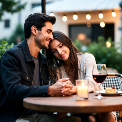 Romantic couple sharing wine at outdoor table
