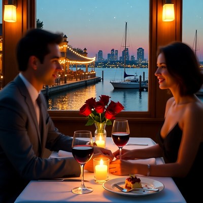 Romantic couple dining by sunset harbor window
