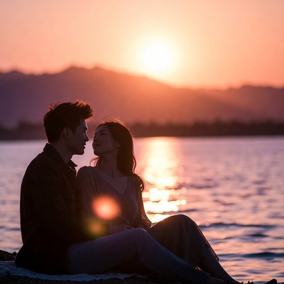 Asian couple silhouette at sunset lake