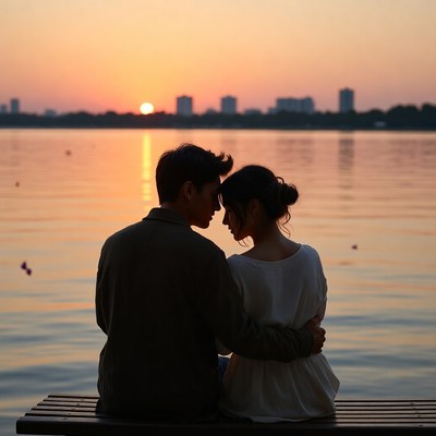 Couple embracing at sunset lakeside