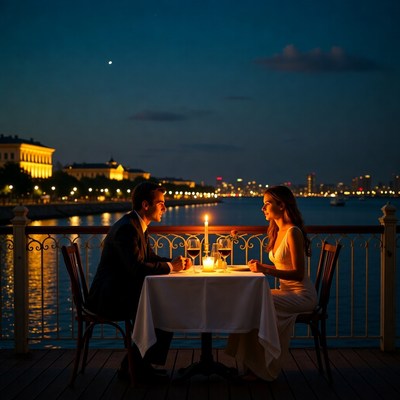 Romantic Couple Dining by Riverside