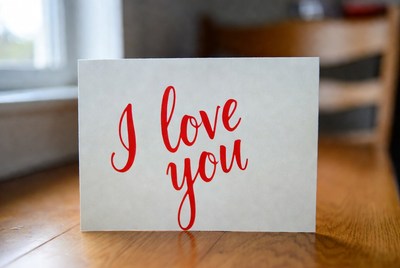 I Love You card on wooden table