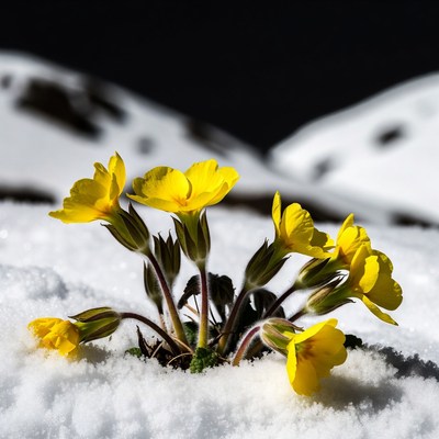 Yellow flowers blooming in snow