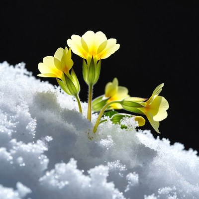 Yellow Primroses Blooming in Snow