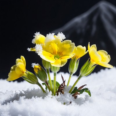 Yellow Primroses in Snow with Mountains