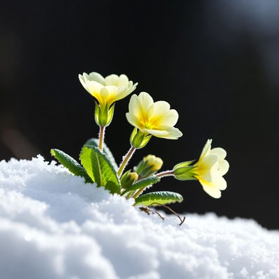 Primroses blooming in snow