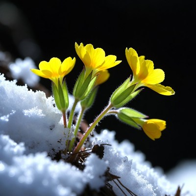 Yellow flowers blooming in snow