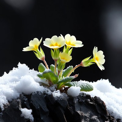 Primroses blooming in snow