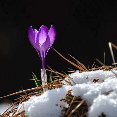 Purple crocus blooming in snow