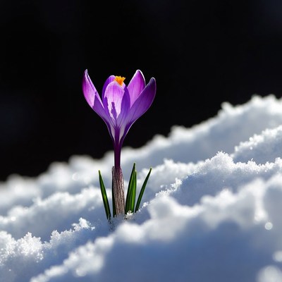 Purple crocus blooming in snow