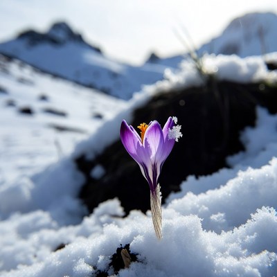 Purple Crocus Blooming in Snowy Mountains