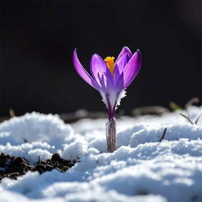 Purple crocus blooming in snow